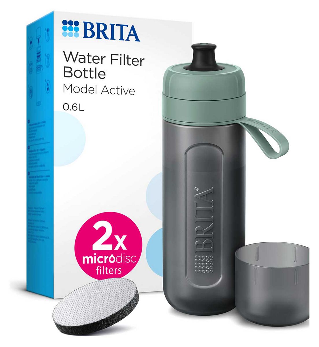 Brita Sports Water Filter Bottle Active Dark Green (600Ml) Inc. 2X Microdisc Filters