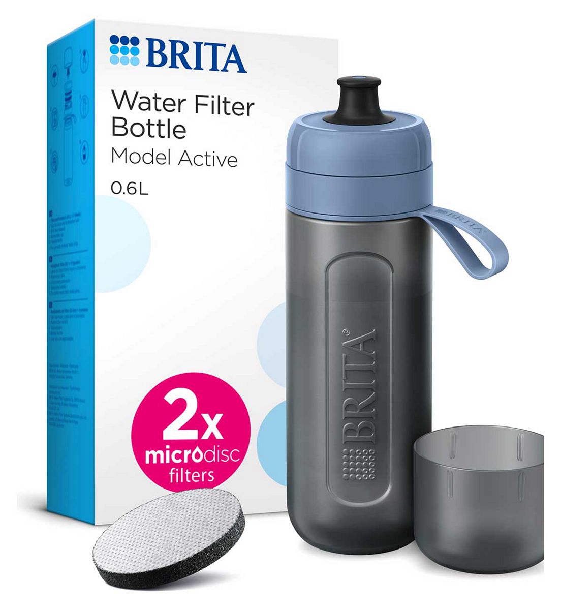 Brita Sports Water Filter Bottle Model Active Dark Blue (600Ml) - Squeezable Bpa-Free Inc. 2X Microdisc Filters