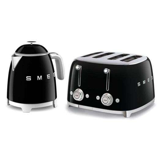 Smeg 50's Style Mini Kettle And 4 By Slice Toaster Black Set
