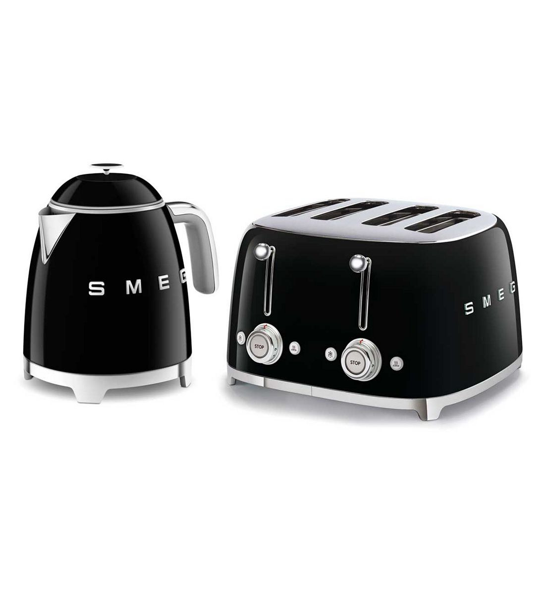 Smeg 50's Style Mini Kettle And 4 By Slice Toaster Black Set