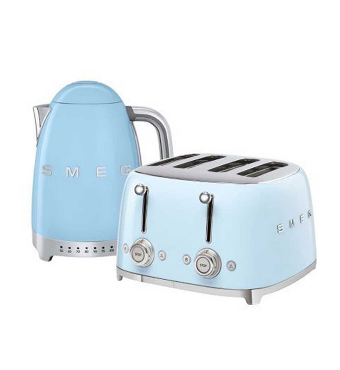 Smeg Kettle And 50S 4 By Slice Toaster In Pastel Blue