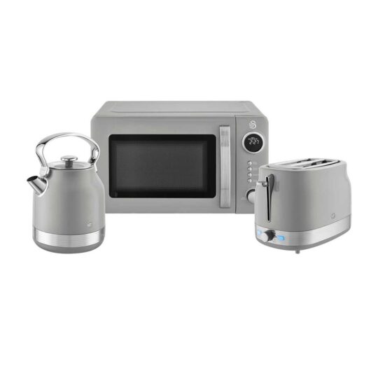 Swan Retrorevive Traditional 1.7L Kettle, 2 Slice Toaster And 20L Microwave Grey Chrome Trim